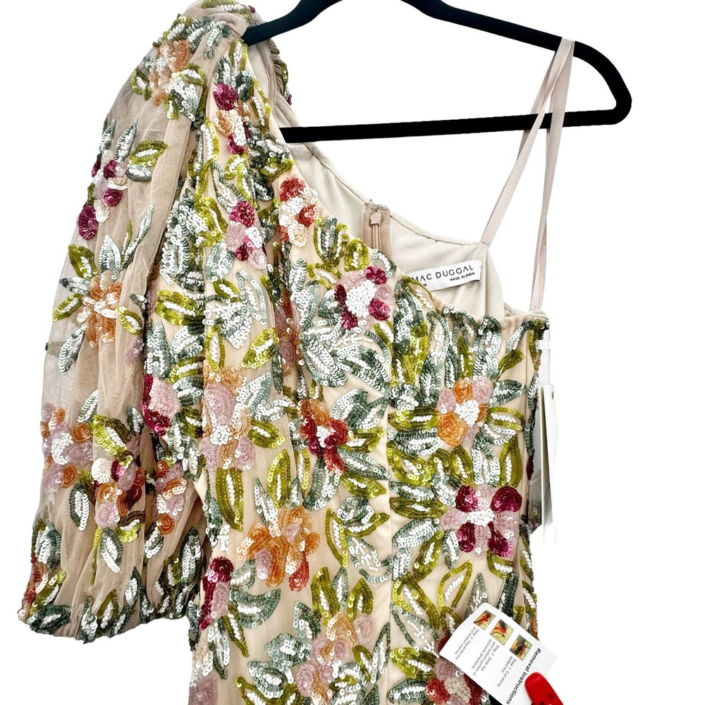 Mac Duggal One Shoulder Floral Embellished Gown Nude Multi Size 10 NWT - Picture 10 of 12